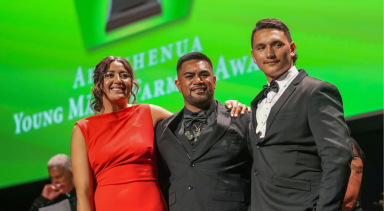 Hannah Speakman left, Ben Purua centre (who was the winner of the Young Māori Farmer Award 2024) and Shayden Gardiner right. Hannah and Shayden were the runners up for the award. 